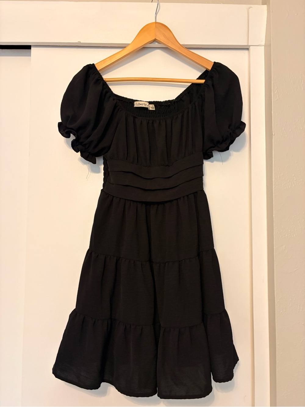 Liberty Black Puff-Sleeve Tiered Midi Dress